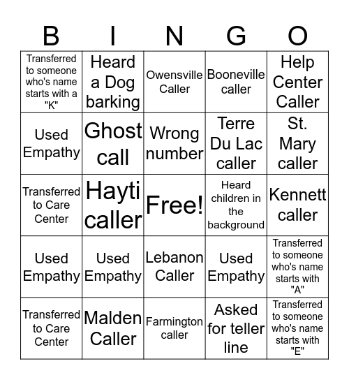 Switchboard Bingo Card