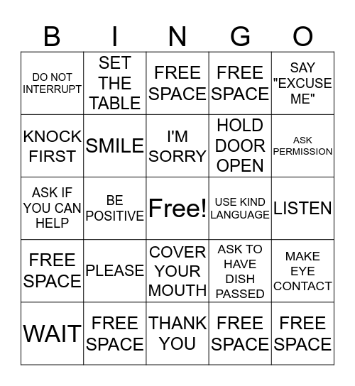 MANNERS Bingo Card