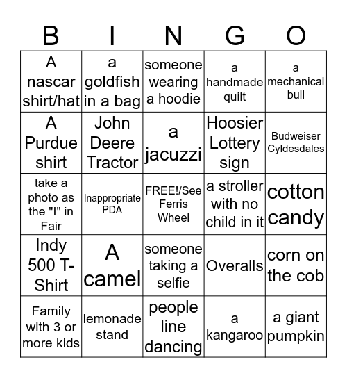 Indiana State Fair Bingo 2017 Bingo Card