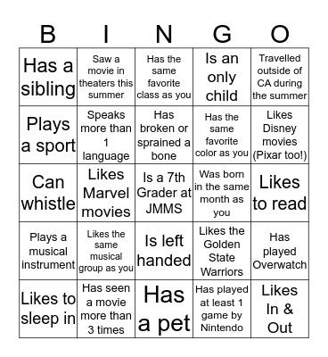 Get to Know Your Class Period Bingo Card