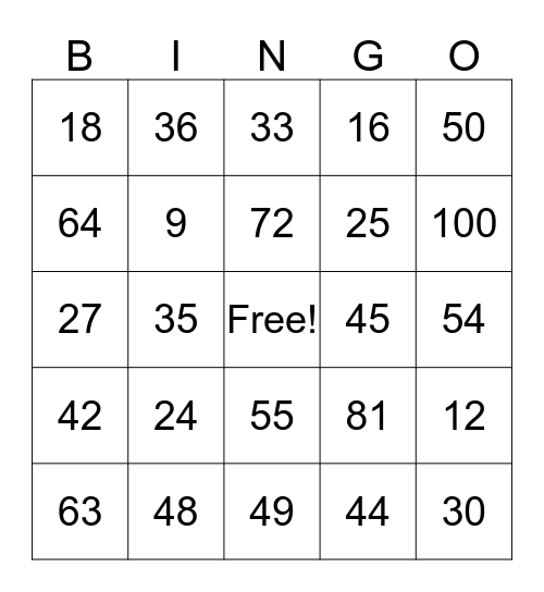 Multiplication Facts Bingo Card