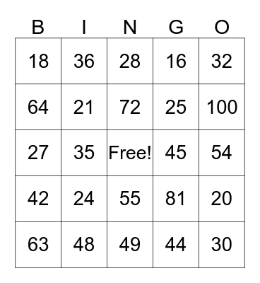 Multiplication Facts Bingo Card