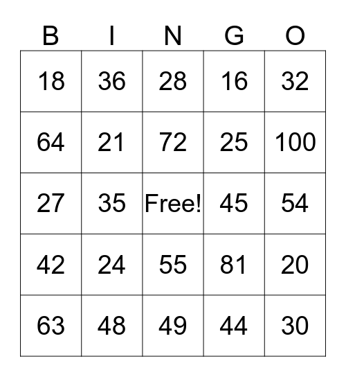 Multiplication Facts Bingo Card