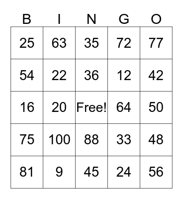 Multiplication Facts Bingo Card