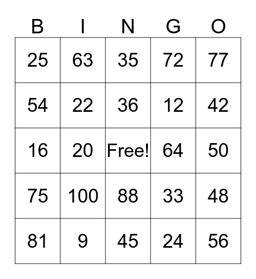 Multiplication Facts Bingo Card