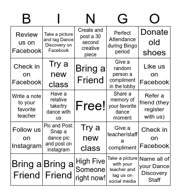 Dance Discovery Bingo Card