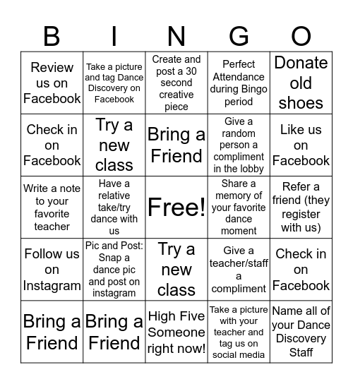 Dance Discovery Bingo Card