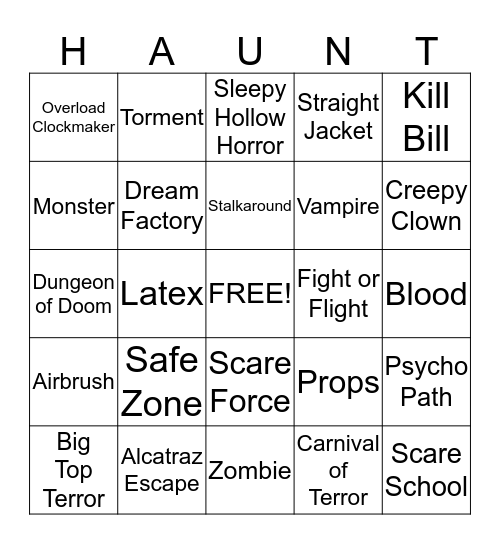 Carowinds Haunt Bingo Card