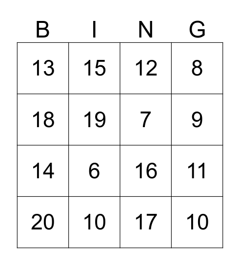 数字 10-20 Bingo Card