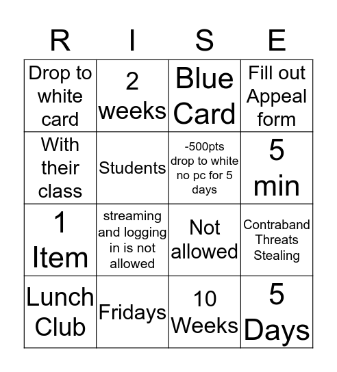 Pathways Bingo Card