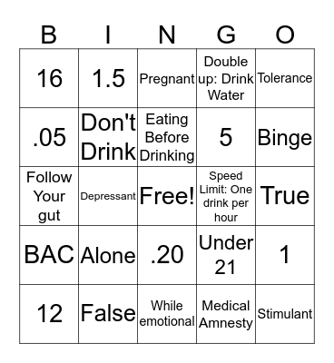 Alcohol 101 Bingo Card