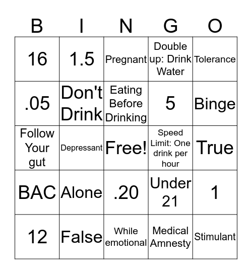 Alcohol 101 Bingo Card