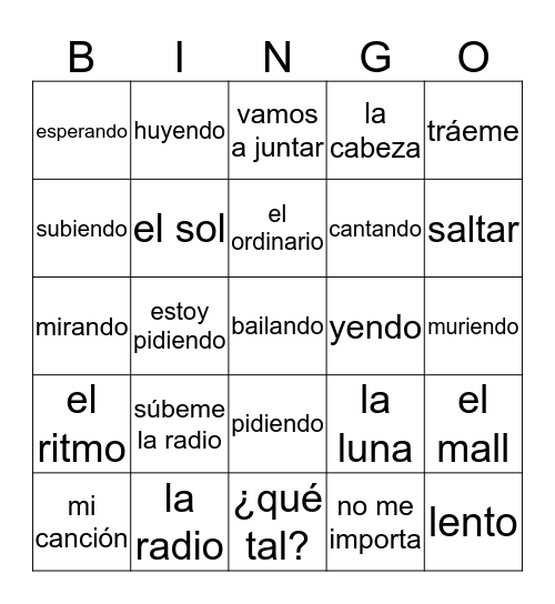 Súbeme la radio-español 3 Bingo Card