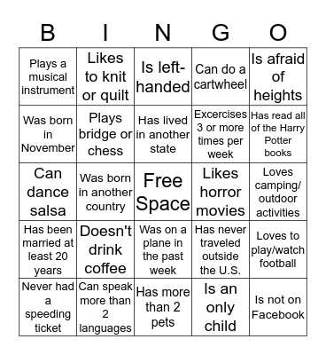 GETTING TO KNOW YOU Bingo Card