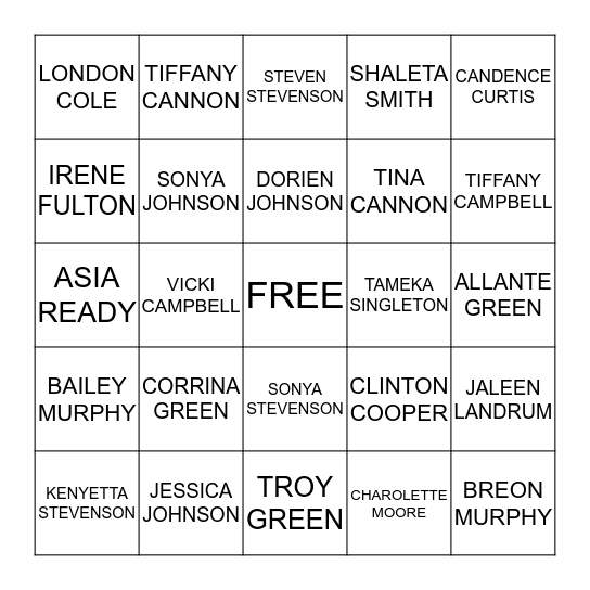 NAME GO Bingo Card