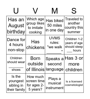 UVMS BINGO Card