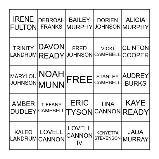 NAME GO Bingo Card