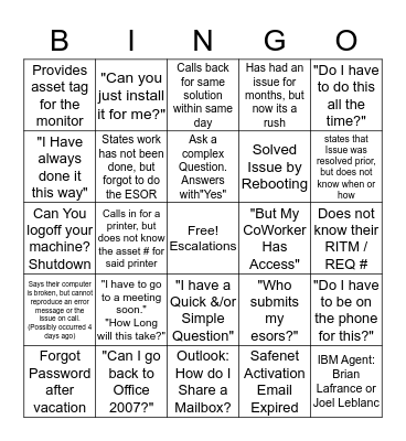 Help Desk Bingo Card