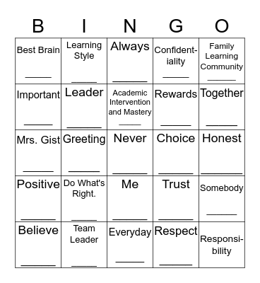 Mrs. Gist's Class Bingo Card