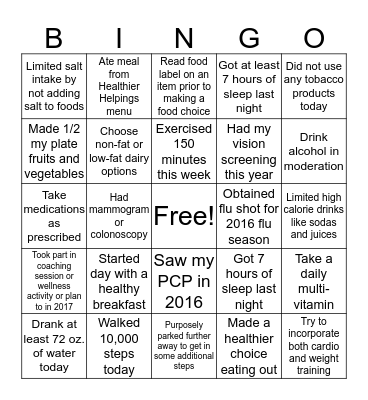 Healthy  Bingo Card