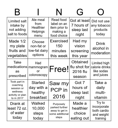 Healthy  Bingo Card