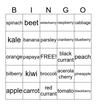 Nutrition Bingo Card