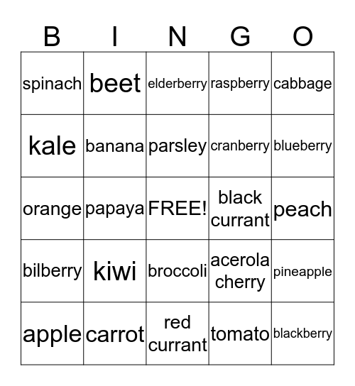 Nutrition Bingo Card