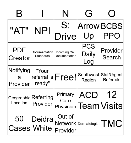 PCS Referral Team  Bingo Card