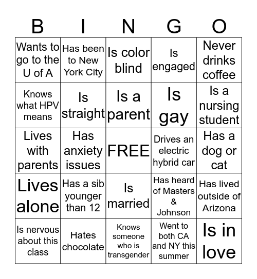 PIMA INTRO PSYCH BINGO: Find someone who: Bingo Card
