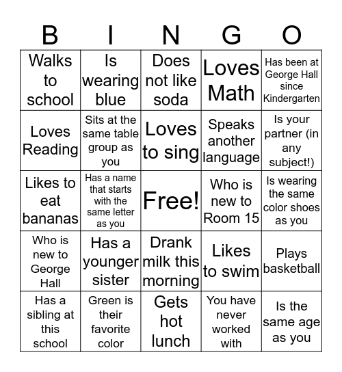 Room 15 BINGO! Bingo Card