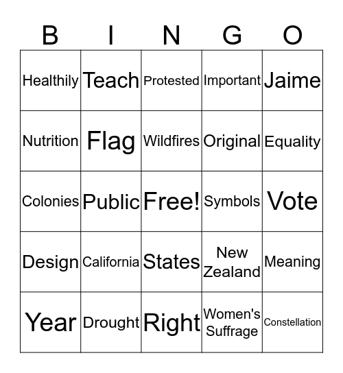 Women's Suffrage Bingo Card