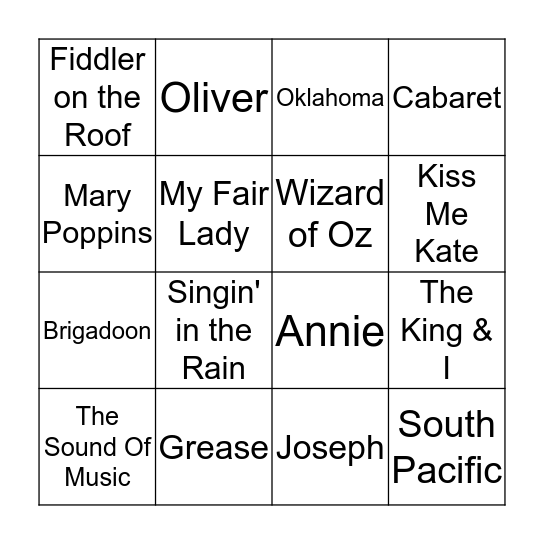 Musicals Bingo Card