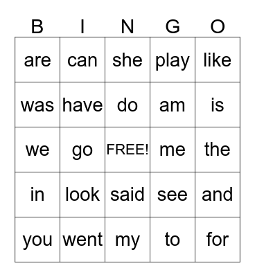 Sight Words Bingo Card