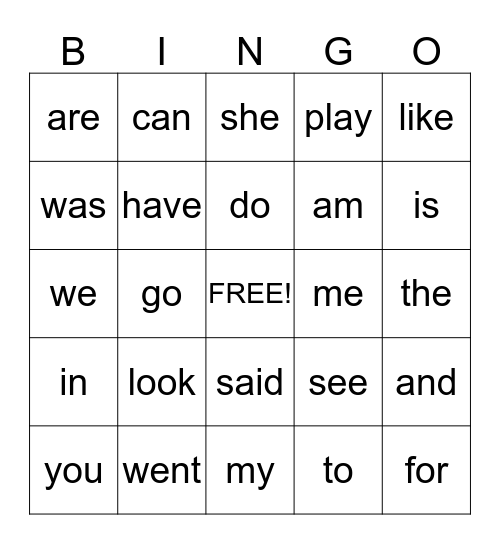 Sight Words Bingo Card