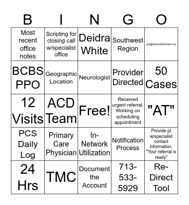 PCS Referral Team Bingo Card