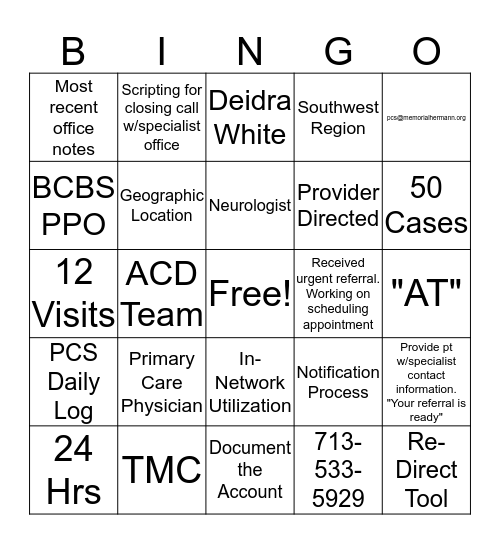 PCS Referral Team Bingo Card