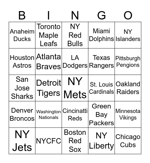 Sports Teams Bingo Card