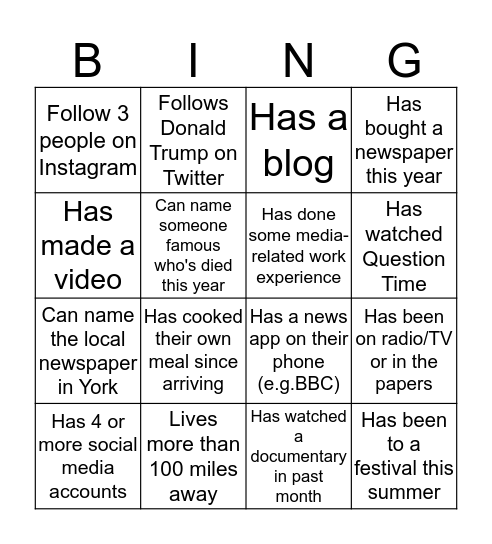 Journalism  Bingo Card