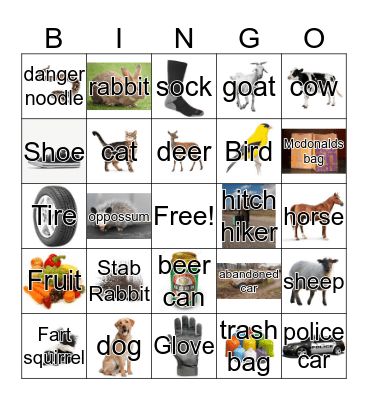 Road Kill Travel Bingo Card