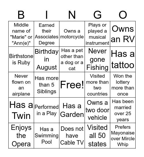 Welcome Back Bingo Card