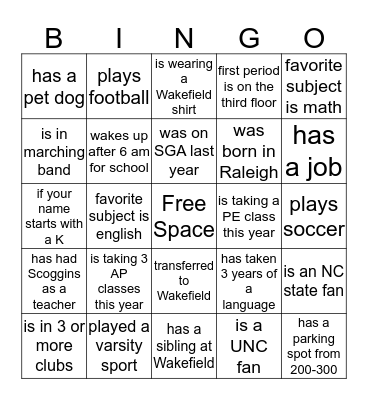 Wakefield SGA Bingo Card