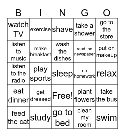 Everyday Activities Bingo Card