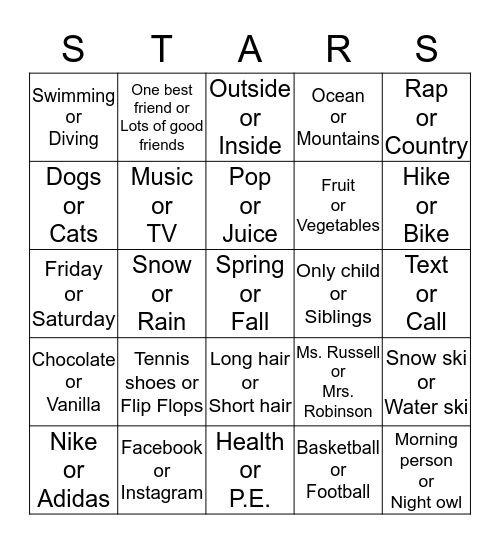 Mrs. Robinson's Health Class Bingo Card