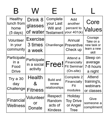BWELL Bingo Card