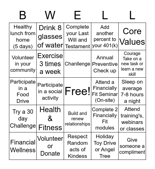 BWELL Bingo Card