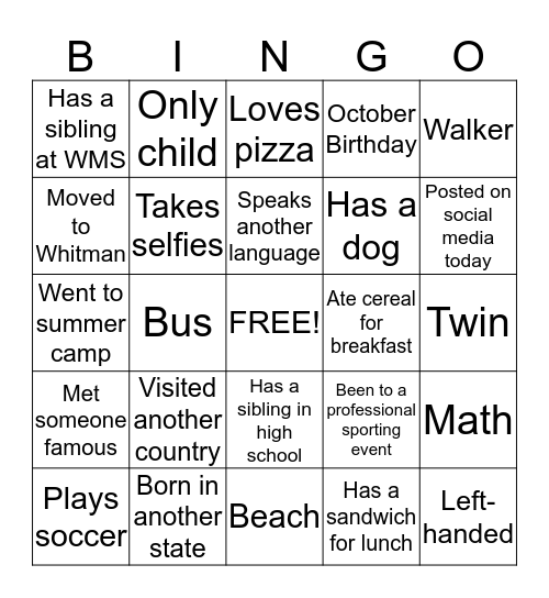 Tell Me About You! Bingo Card