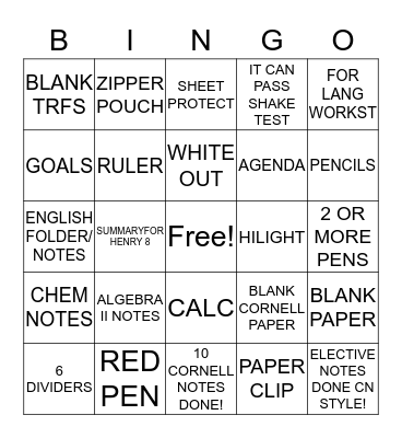 SOPHOMORE BINDER BINGO  Bingo Card