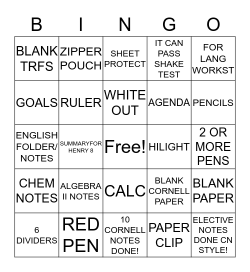 SOPHOMORE BINDER BINGO  Bingo Card