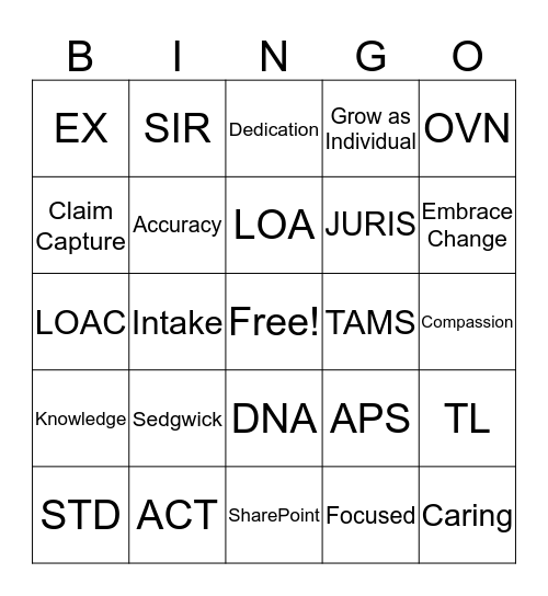 SEDGWICK BINGO Card