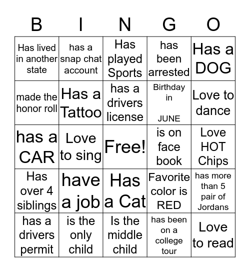 Getting to know your Classmates  Bingo Card